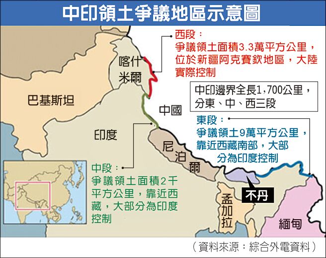 中印领土争议地区示意图（资料来源：综合外电资料）