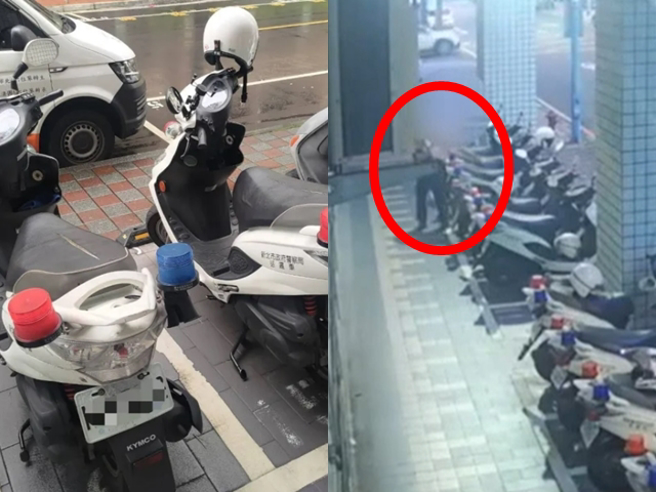 板桥一名男子因不满遭员警开交通罚单，竟一怒之下朝警局旁一排警用机车「割毁座垫」，嚣张行为全被监视器拍下，男子犯案后即逃逸。（翻摄照片）