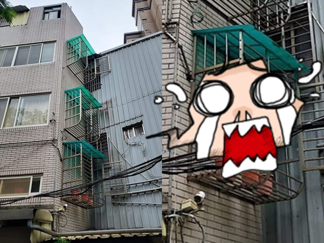 一名网友日前发现一处透天厝侧面墙壁的每层楼都装上铁窗与遮雨棚，但诡异的是铁窗内竟「没有窗户」，让他笑说「九又四分之三铁窗，求专业人士解惑」。（翻摄自脸书「爆废公社二馆」）