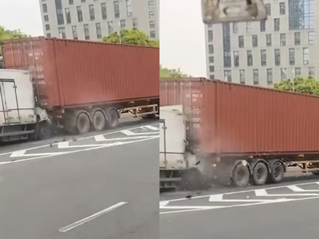 一辆货柜车开上高架道路后发现走错路，竟直接倒车，遭到一名小货车从后方撞上，小货车当场「车头压扁」，车内2人惨死。（翻摄自脸书「重机车友 ❘ 各区路况天气、资讯分享中心」）