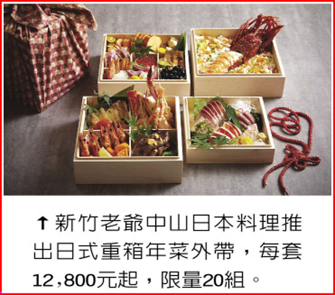 新竹老爺中山日本料理推出日式重箱年菜外帶，每套12,800元起，限量20組。圖／老爺酒店集團