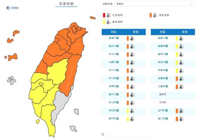 氣象局發布全台20縣市低溫特報，僅台東和澎湖縣除外，今天至明晨受寒流影響，各地天氣非常寒冷，易有10度以下氣溫發生。(翻攝自氣象局)