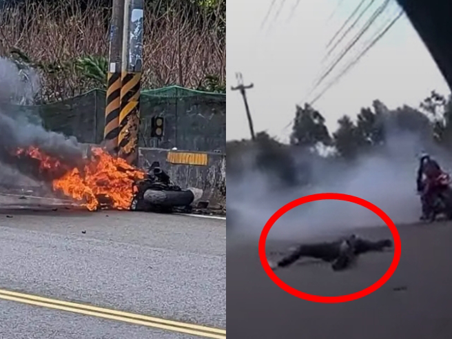 台3線苗栗縣三灣段重機騎士與朋友競速飆駛，過彎時失控撞向電線桿，騎士整個人拋飛躺在路中失去意識，重機則冒出陣陣白煙，接著起火燃燒成廢鐵。（翻攝照片）