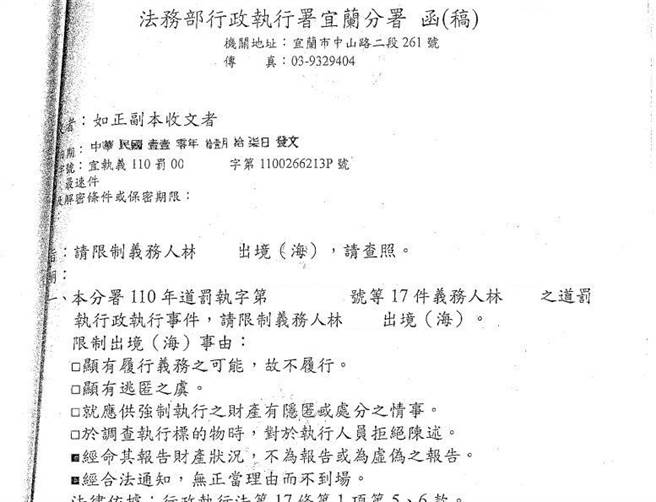 宜蘭分署依行政執行法第17條第1項第5、6款，對林男祭出「限制出境」強制處分手段。（宜蘭分署提供／吳佩蓉宜蘭傳真）