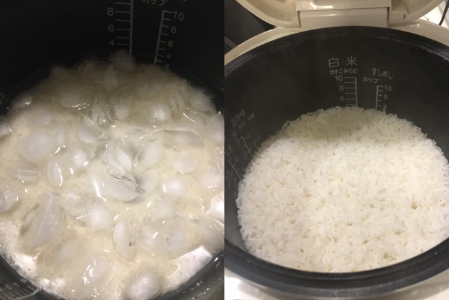 一名女网友放超多冰块煮饭，发现煮起来真的很香很Q。(翻摄自厨艺公社)