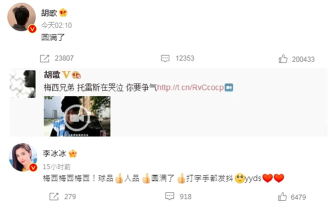 胡歌和李冰冰都在关注着世界杯。（图／微博）