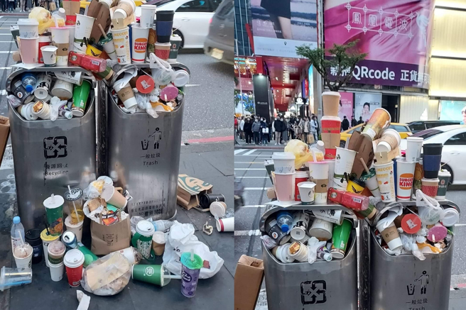 有民眾分享一处路口垃圾桶，被丢弃的杯罐装饰成「垃圾圣诞树」，引发正反两派议论。（图／翻摄脸书爆废公社二馆）