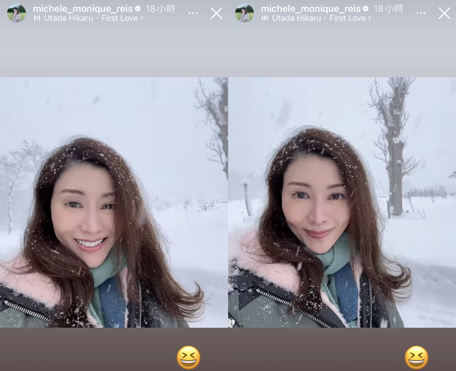李嘉欣素顏在雪地自拍，被称双眼皮不自然。（图／翻摄自michele_monique_reis IG）