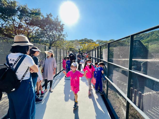 小朋友在空橋上俯視動物(高雄市觀光局提供)