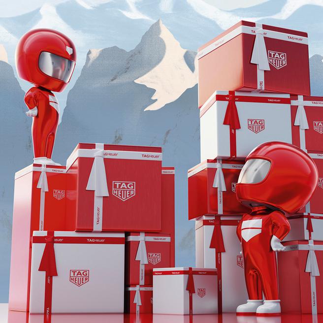 泰格豪雅的耶诞节形象广告派出红色小精灵开着赛车到处送礼，十分可爱。（TAG Heuer提供）
