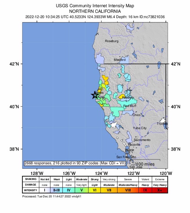 美国加州北海岸稍早发生强度6.4大地震。(图/截自美国地质调查局网站)