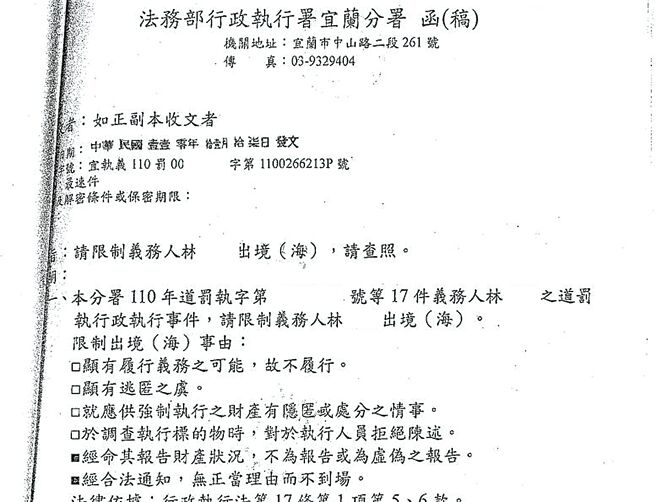宜兰县1名林姓男子拒绝酒测又无照驾驶遭罚，挨罚不到1个月，再度遭开罚，此外林男还有多笔健保费及交通罚单未缴，经移送法务部行政执行署宜兰分署执行，但林男却神隐搞失踪，宜兰分署不排除向法院声请拘提林男。（法务部行政执行署宜兰分署提供／吴佩蓉宜兰传真）