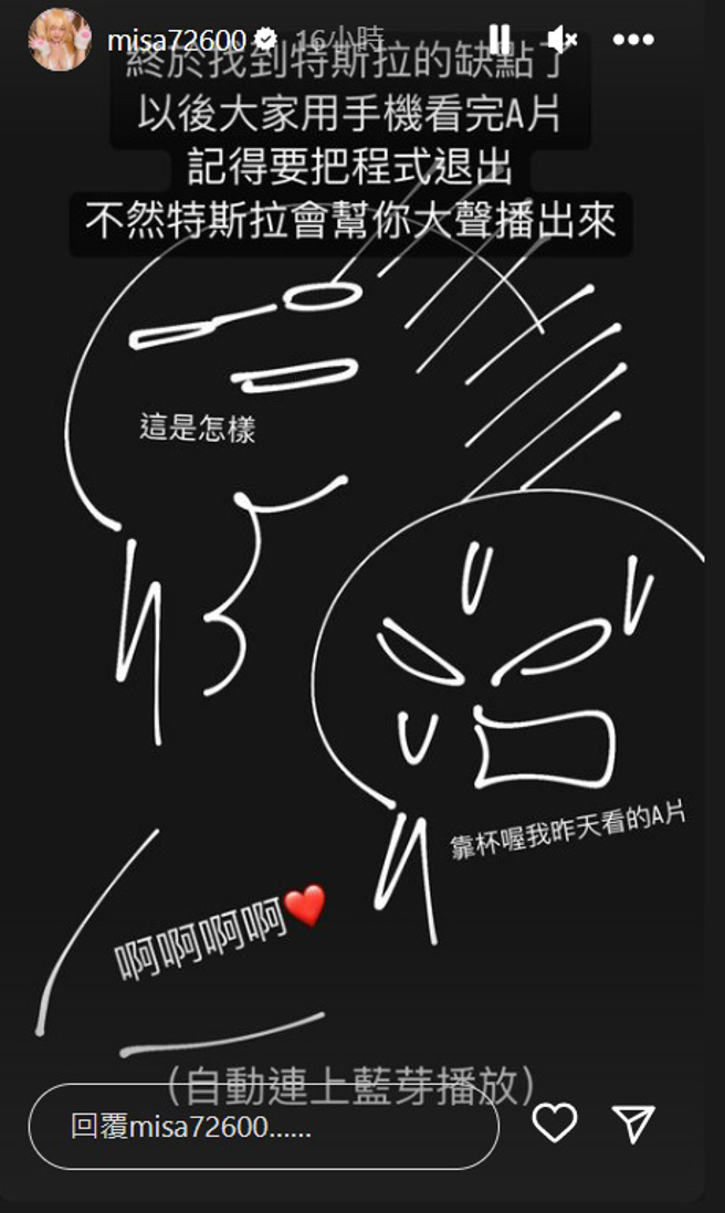 米砂发文表示找到特斯拉的缺点。(misa72600 IG)