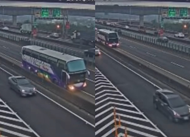 台66线上有游览车疑似错过出口匝道，竟在快速道路上上演「倒退噜」，吓得后方来车减速闪避通过。（翻摄自影片）