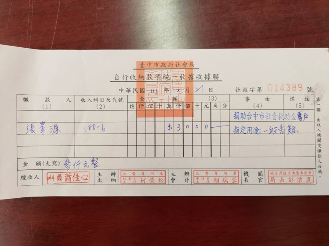 經發局長張峯源中三千元立馬捐出做公益。圖/台中市政府提供