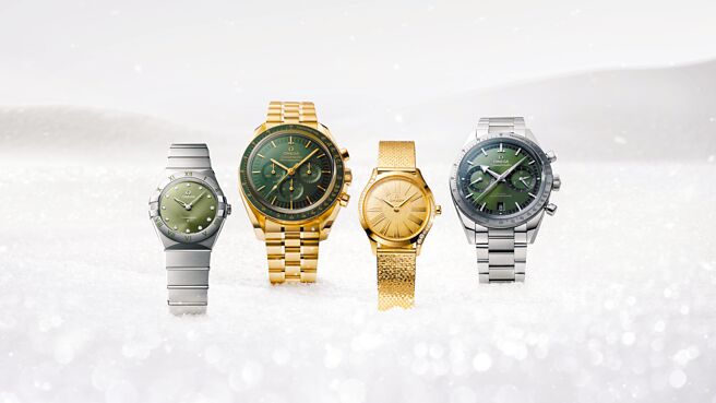 欧米茄耶诞节主打金色与绿色色系的腕表，星座女表12万1000元（左起）、超霸登月表124万1000元、Mini Tresor女表73万5000元、超霸57腕表28万3000元。（OMEGA提供）
