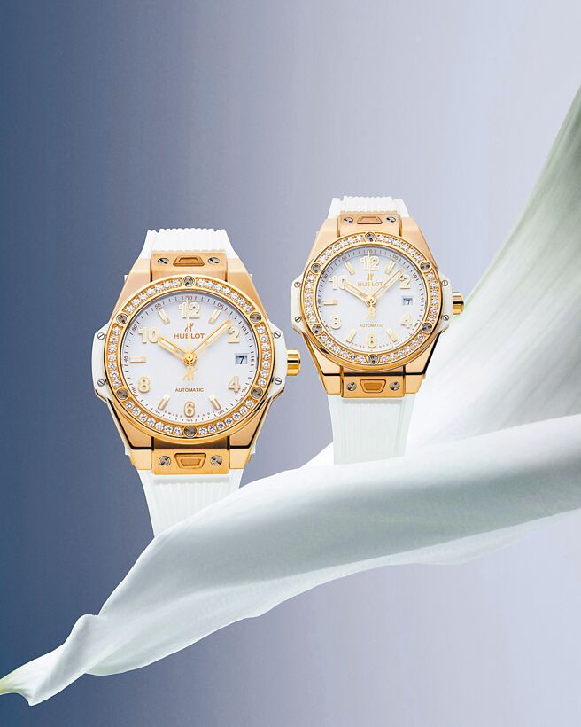 宇舶表白色系Big Bang One Click黄金钻表，91万3000元、78万2000元。（HUBLOT提供）
