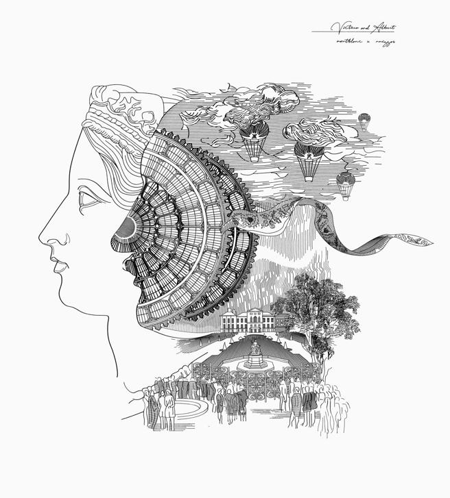 萬寶龍藝術贊助系列展覽展出藝術家Nabil Nezzar以鋼筆創作的插圖，描繪藝術贊助人維多利亞女王與亞伯特親王。（Montblanc提供）