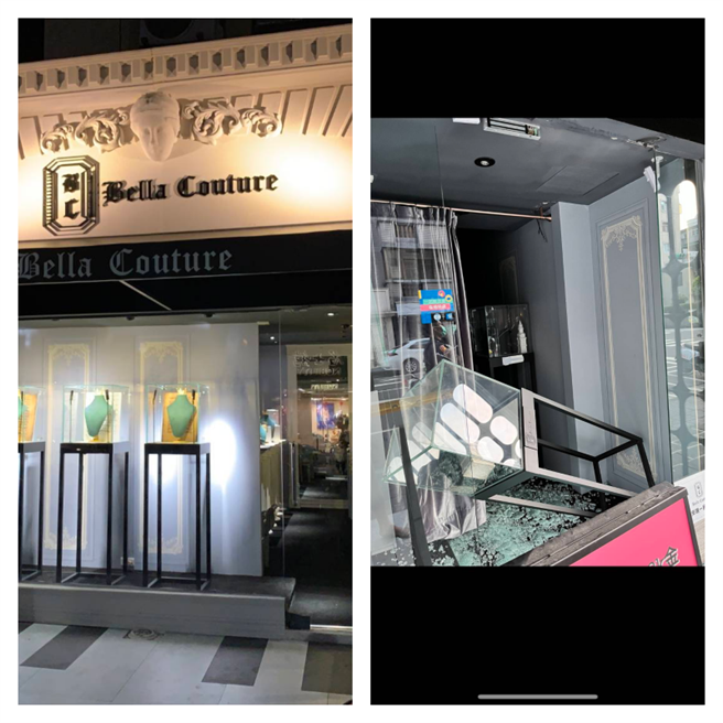 陳姿吟投資珠寶店面遭竊，玻璃大門(右)被炸裂。（BellaCouture提供）