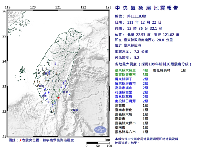 台東規模5.2地震。（圖／氣象局提供）