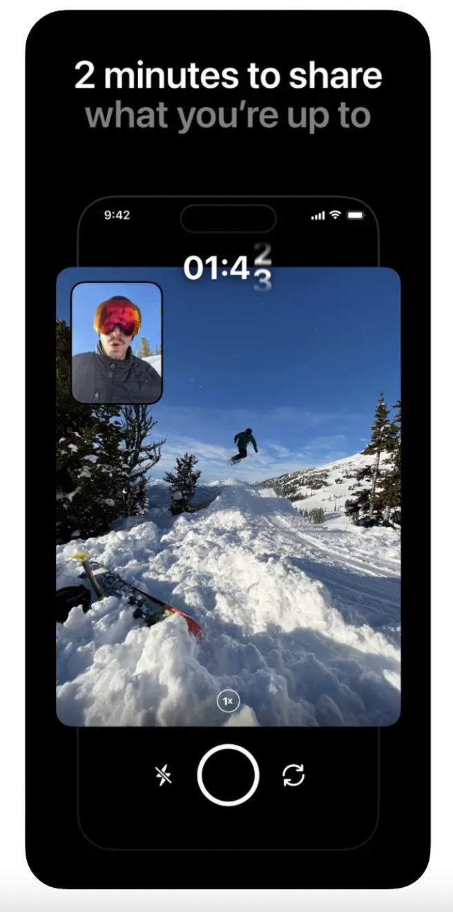 《BeReal》会在每天随机于不同的时间，收到「Time To BeReal」的通知，并要马上在2分钟内完成拍摄。（翻摄APP Store）