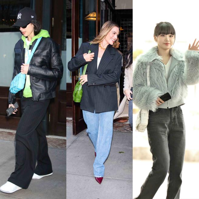 杜娃黎波（Dua Lipa）、瑪格羅比（Margot Robbie）、韓女團成員LE SSERAFIM金采源搶背Bottega Veneta 抓皺 foulard Cassette 肩背包。（Bottega Veneta 提供 / 合成圖）