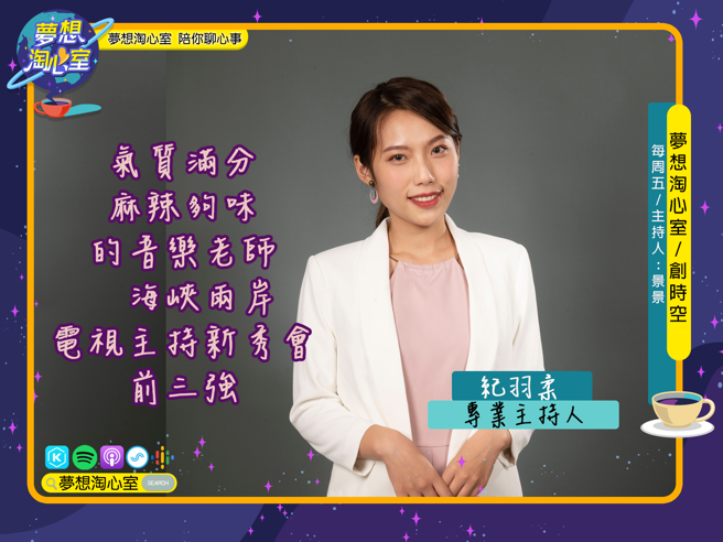 梦想淘心室12月23日【创时空】邀请到今年海峡两岸电视主持新秀会台湾菁英赛的前三强之一，台湾姑娘阿柔。(提供/梦想淘心室)