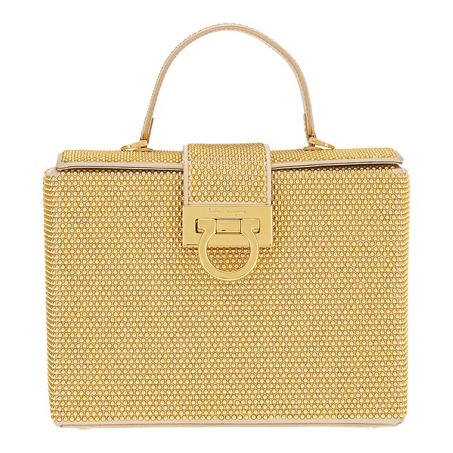 FERRAGAMO金色水晶镶嵌TRIFOLIO BOX手提包，8万7900元。（FERRAGAMO提供）