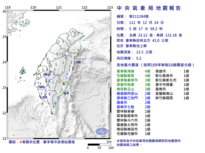 今天5时17分在台东发生地震，最大规模5.2。（图取自气象局网页）
