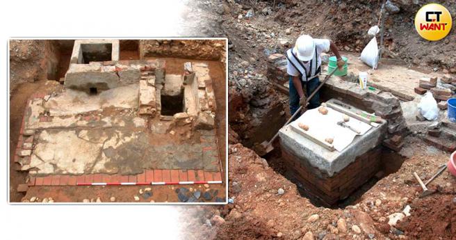 日据时期桃园车站二爪砖砌厕所，在考古团队细心挖掘下出土。（图／庶古文创公司提供、报系资料照）