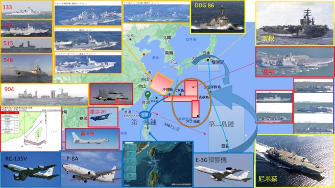 中俄海上聯合2022，美軍雙航母雷根號、尼米茲號夾擊共軍遼寧號，中共出動轟-6機群反制。（圖／作者陸文浩繪製）