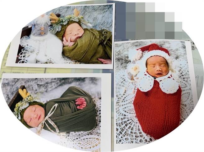 童醫院嬰兒室護理人員協助裝扮，將每位寶寶打扮成耶誕風，讓孩子度過人生中第一次的耶誕節。（童醫院提供）