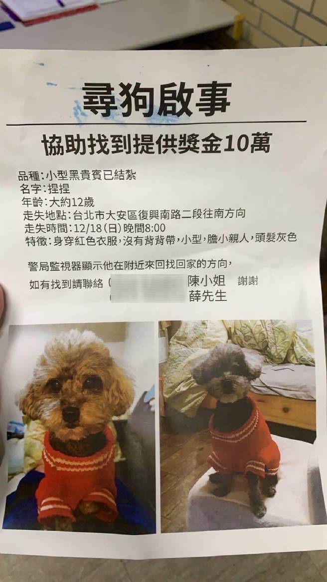陈女张贴公告悬赏10万元协寻爱犬。（翻摄照片／林郁平台北传真）