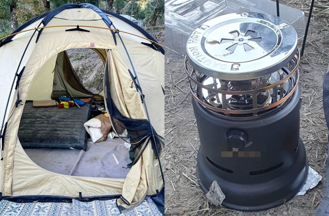 一家3口在帐内使用罐装瓦斯暖炉取暖，疑通风不良造成一气化碳中毒，发现时3人没有意识。（民眾提供／杨静茹南投传真）