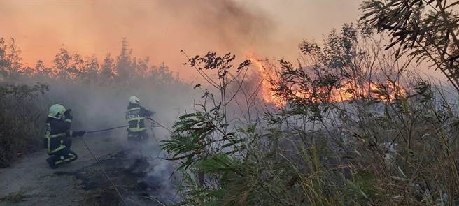 台中消防局动员消防队员前往抢救，以防火蛇在东北季风助长下蔓延。（消防局提供）