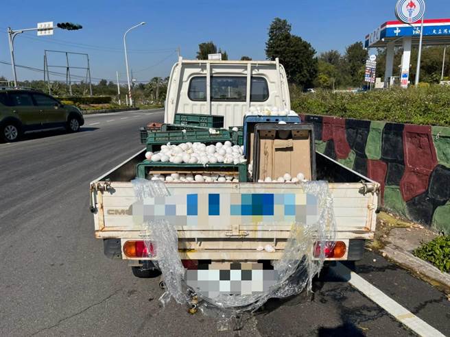 金门1辆满载鸡蛋的小货车，因未捆扎牢固蛋箱，停等红灯起步时松脱滑落，蛋碎满地。(图／警方提供)