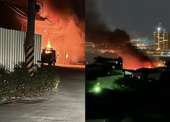 新北八里1处铁皮工厂晚间7时许传出火警，这起火灾仍在扑灭中。（翻摄自脸书社团八里）