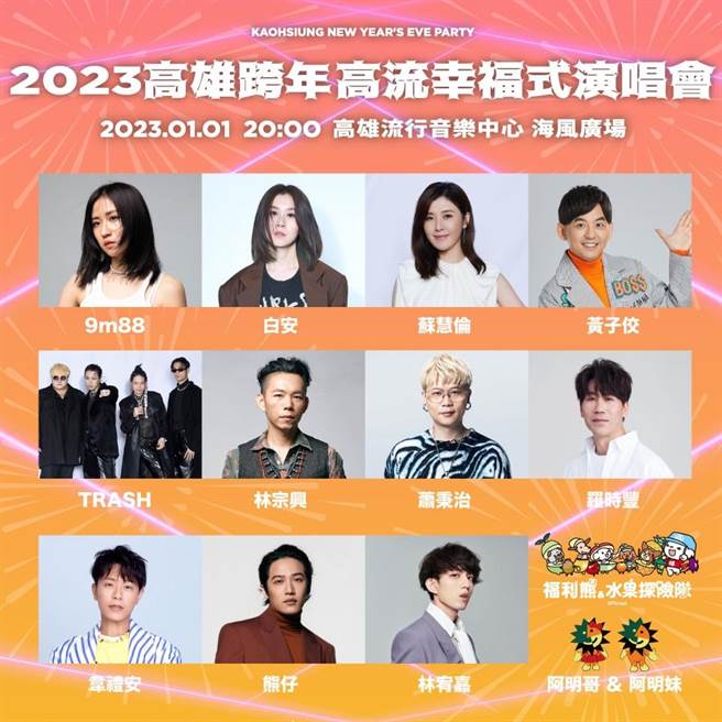 高雄从12月31日到1月1日2场跨年盛会，总计高达24组超豪华卡司，从黄金主持人到天王天后级嘉宾共囊括34座「五金」认证。（高市府新闻局提供／洪浩轩高雄传真）