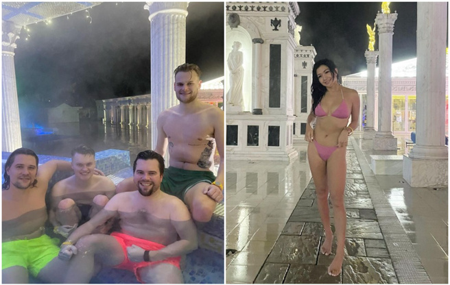 陈思圻分享和4个东欧男生泡汤的照片。（图／IG@vthechan）