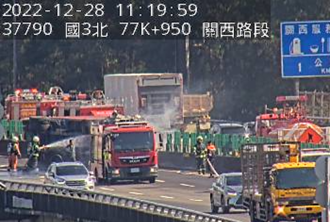國3關西段「貨櫃車撞護欄」翻覆起火，車流回堵6公里。(翻攝高速公路1968)