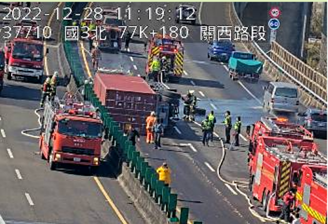 國3關西段「貨櫃車撞護欄」翻覆起火，車流回堵6公里。(翻攝高速公路1968)