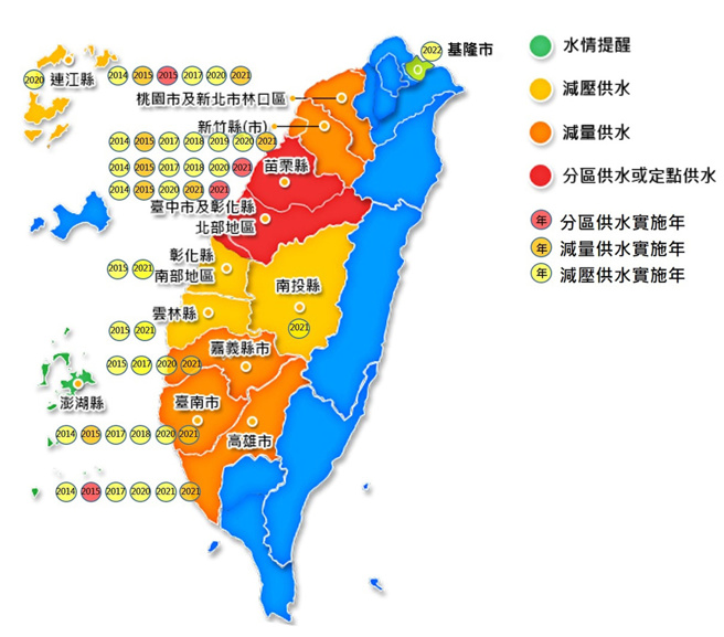 近年枯旱自来水停限水措施实施情形。(图／臺北自来水事业处提供)

