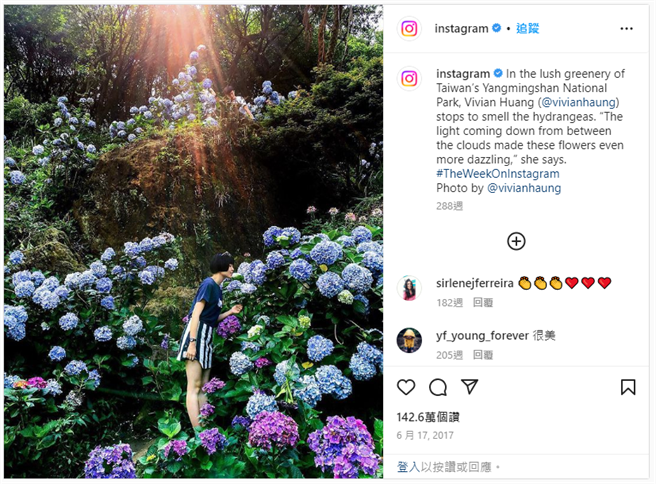 新北知名绣球花园「高家绣球花田」成为知名打卡点后，被IG官方关注到，转发于IG官方版面破142万讚数。（新北市农业局提供）