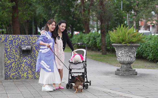 王思佳（右）带着爱犬跟Sandy吴姗儒去拍宠物写真。（TVBS提供）