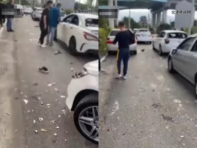 苗栗縣銅鑼鄉今（28）早發生10多名惡煞在一處產業道路上鬥毆，一派人馬朝道路上8輛BMW轎車拿球棒猛砸，造成4人受傷。（翻攝自記者爆料網）