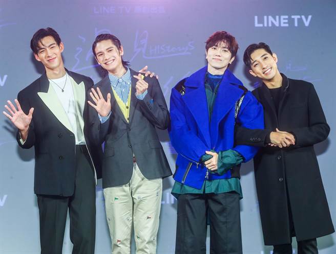 王肇纬（左起）、张硕航、陈玺安、徐韬今帅气出席全新BL剧记者会。（粘耿豪摄）