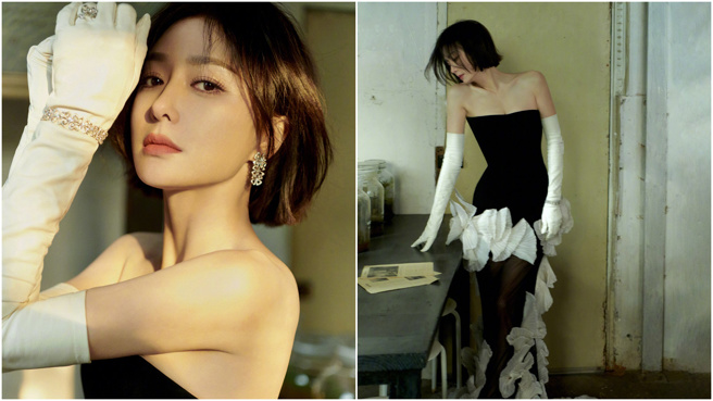 秦岚以黑纱抹胸礼服的造型亮相。(图／翻摄自秦岚微博)