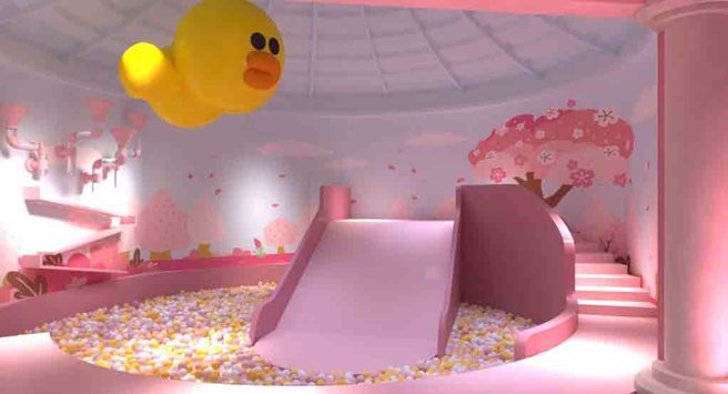 可以与投影互动的巨型溜滑梯「莎莉躲猫猫」，搭配粉色系球池，让人少女心爆发。(图／丽宝乐园渡假区)

