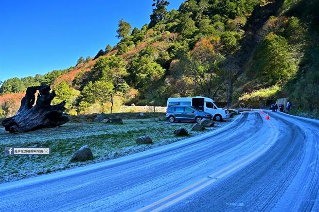 「漫步在云端的阿里山」粉专PO出多张阿里山到塔塔加一带，多处道路、植物、平台覆上一层白霜的雪白美景画面。（取自「漫步在云端的阿里山」脸书／吕妍庭嘉义传真）
