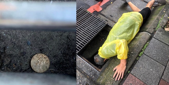 原PO帮阿伯打开水沟盖时才发现，原来底下掉了一枚10元硬币。（图／翻摄自爆废公社）